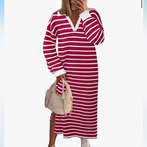 MEROKEETY Women's Long Sleeve Striped Dress V Neck Collared Side Slit Small NWT